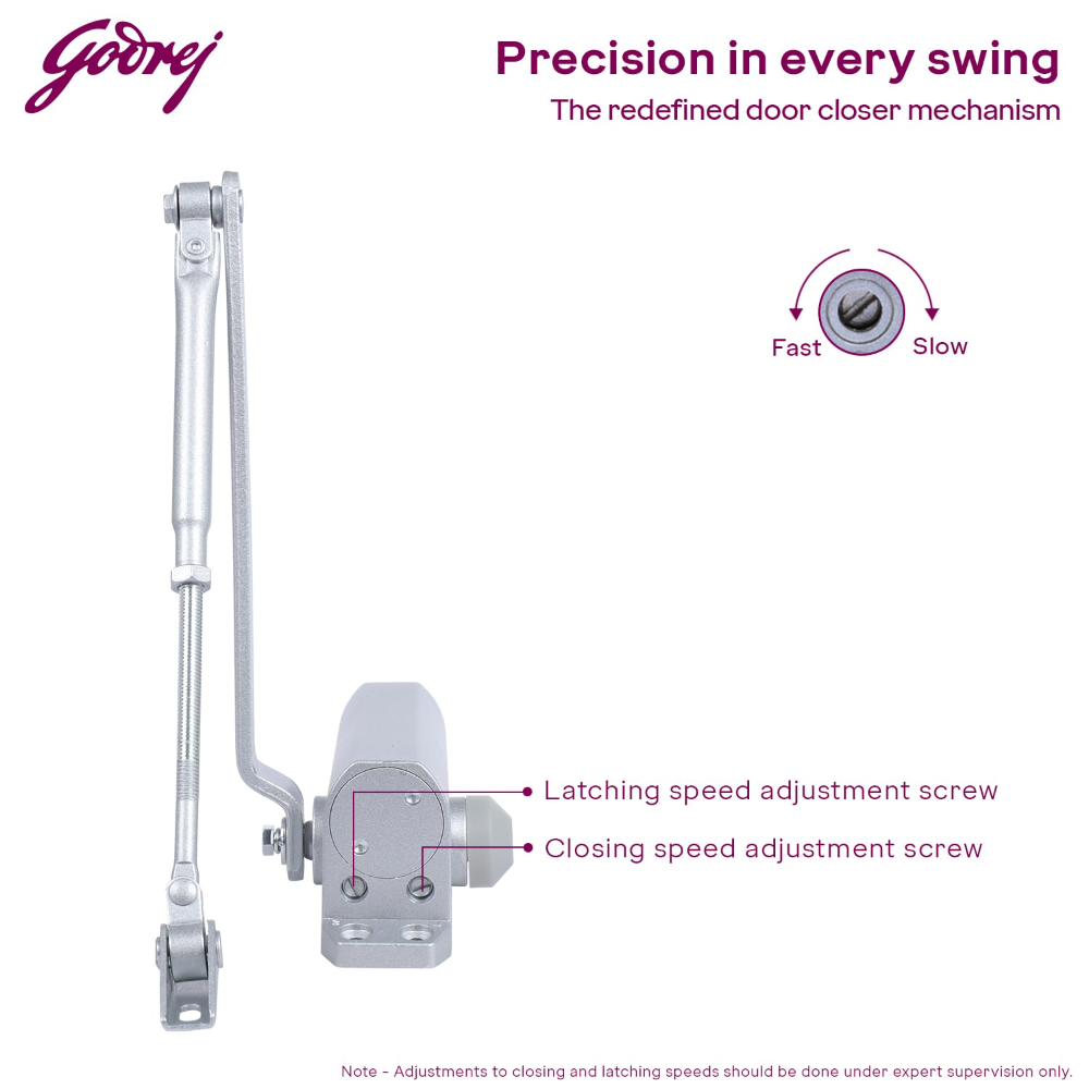 Godrej Door Closer | Cerus Universal Door Closer I Sleek Silver Finish | Max Door Weight: 85kg | Max Door Width: 1250mm | 180 degree Opening Angle | Adjustable Closing Speed
